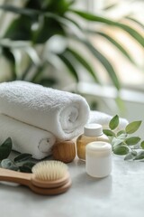A white towel is stacked on top of another white towel. A wooden brush is next to the towels. There are two bottles of lotion and one bottle of shampoo on the table
