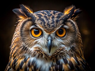 Fototapeta premium A stunning close-up of a majestic owl showcases its intricate feathers against a dark background, perfect for wildlife photography and bird watching enthusiasts.