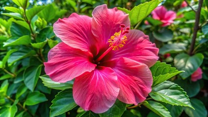 Large hibiscus flower with bright pink petals, stamen in the center, and green leaves surrounding it, petal, organic