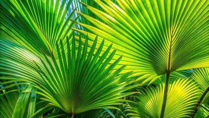 Obraz premium Vibrant close-up of palm leaf texture showcasing bright green foliage, perfect for tropical nature backgrounds that evoke a lush, exotic atmosphere and lush biodiversity.