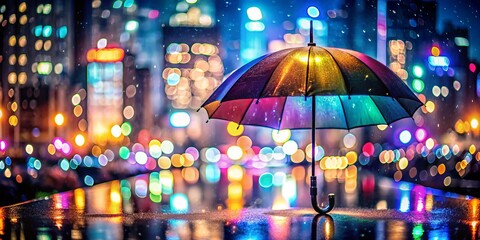 A tranquil night rain with a colorful bokeh effect transforms the city skyline into a dreamy backdrop, featuring an umbrella amidst a serene, relaxing atmosphere.