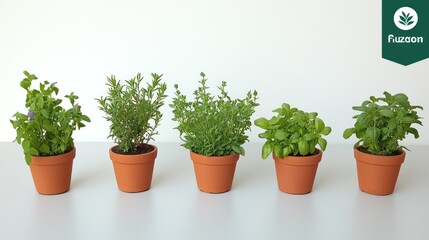 Fototapeta premium Five potted herbs arranged in a row, showcasing vibrant greenery for culinary use.