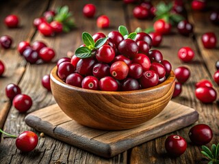 Vibrant fresh cranberries sit in a wooden bowl atop a rustic table, perfect for healthy cooking and nutritious meals, enhancing your culinary creations.
