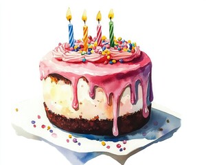 A colorful birthday cake topped with frosting, candles, and sprinkles, perfect for celebrations.