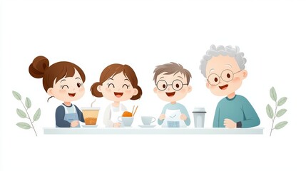 Obraz premium Family with grandparents enjoying coffee and conversation at the kitchen table, a relaxed setting.