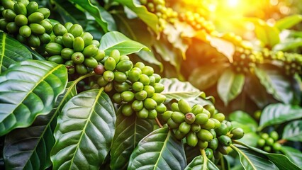 Mature coffee plant with large green leaves and fruit in a sun-drenched orchard, horticulture, botanical, plant life, leaves