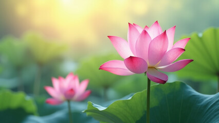 Obraz premium Beautiful Pink Lotus Flowers and Leaves in a Sunlit Pond.