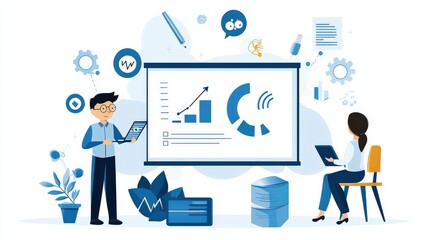 Person giving a slide presentation in an auditorium with a screen showing key information in bold text.