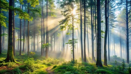Misty morning in the forest with fog rolling through the trees, greenery, misty atmosphere, tree silhouettes