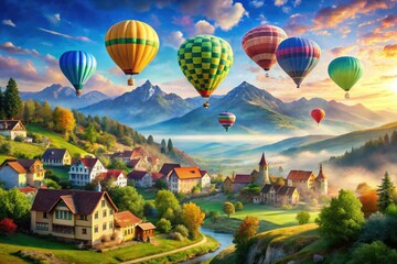 Fototapeta premium Vibrant hot air balloons float gracefully above a quaint town and scenic mountains, celebrating adventure and freedom in this enchanting watercolor masterpiece.
