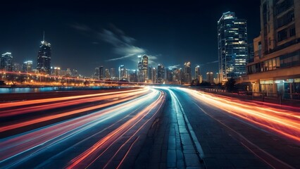 Obraz premium City Skyline at Night With Light Trails From Moving Vehicles Along a Riverbank in an Urban Setting