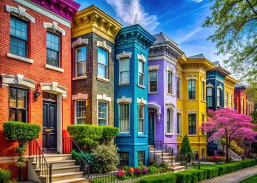 Vibrant historic townhouses glow at sunset in Shaw, Washington DC, showcasing the beauty of spring with blooming flowers and colorful facades. A picturesque scene unfolds.