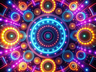 Fototapeta premium Vibrant neon circles intertwine in kaleidoscopic designs, producing an abstract futuristic backdrop that mesmerizes with its stunning colors and dynamic patterns.