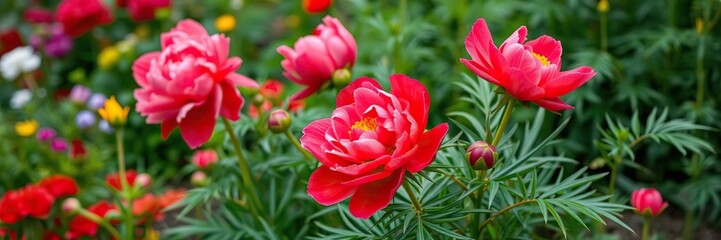 Natural background featuring a vibrant red thin-leaved peony plant in full bloom surrounded by lush green foliage, peony, floral