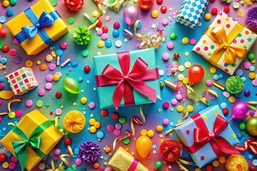 Vibrant party backgrounds featuring confetti, streamers, and a beautifully arranged gift box create a festive atmosphere perfect for any celebration. Enjoy the joyful display!