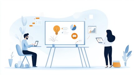 Manager giving a presentation to colleagues, using a digital screen in a sleek office.