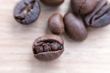 macro photo of coffee beans with selective focus. Photos can explain the condition of good and bad coffee beans