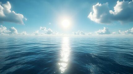 Fototapeta premium Ocean Landscape with Sun Rays and Fluffy Clouds - 3D Illustration