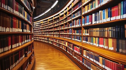 2410 50.A bright and spacious library filled with rows of books on wooden shelves. The colorful spines create a vibrant contrast against the wooden shelves, inviting visitors to explore and discover