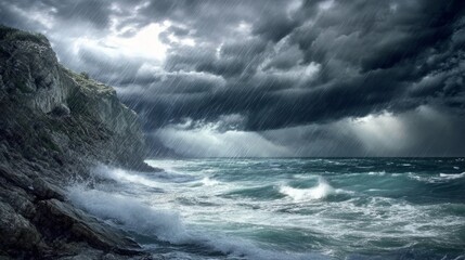Obraz premium Storm clouds over a rocky coast, with strong winds and rain generative ai