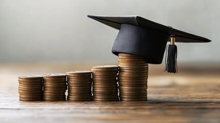 2410 95.A graduation cap atop a tall stack of coins, symbolizing the financial burden of tuition fees for graduate studies abroad. The scene emphasizes the connection between education costs and the