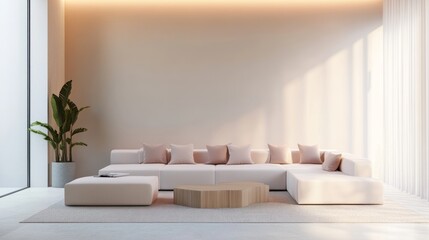 A minimalist contemporary living room with beige walls, white sectional, and blush pink cushions