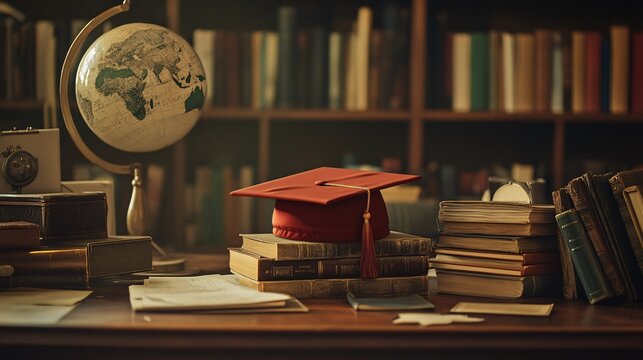 2410 90.A graduation cap and a collection of foreign books are arranged on a study desk. The scene emphasizes the idea of learning abroad, showcasing the importance of global education and how