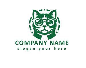 Stylized cat logo with glasses and green accents, combining playfulness and professionalism.