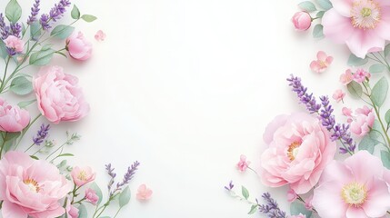 Bouquet illustration of blush peonies, lavender, and eucalyptus greenery, arranged in a delicate border on white. Perfect floral frame for wedding or event cards