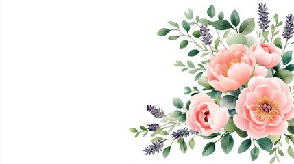 Bouquet illustration of blush peonies, lavender, and eucalyptus greenery, arranged in a delicate border on white. Perfect floral frame for wedding or event cards