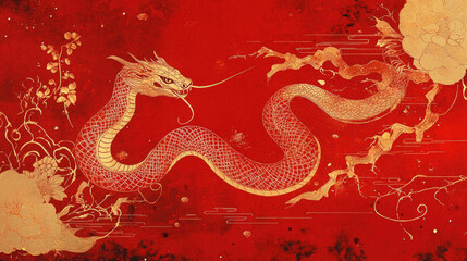 Obraz premium Snakes weaving through clouds, red lanterns, Chinese New Year