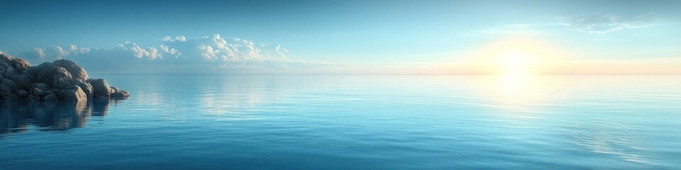 Obraz premium Serene seascape at sunrise with calm waters and soft clouds.