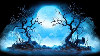 A dimly lit forest with eerie soft sculptures of wolves and shadowy trees, capturing a dark fairy-tale mood under a misty moonlight