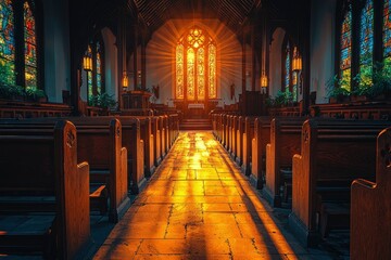 Fototapeta premium Sunbeams Illuminating Church Interior with Stained Glass Windows and Wooden Pews