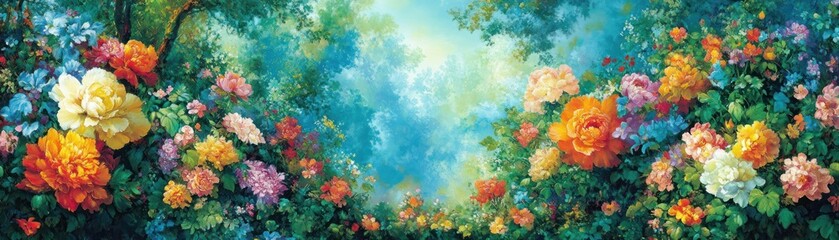 A vibrant garden scene filled with colorful flowers and lush greenery.