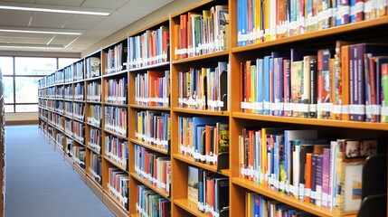 2410 48.A well-lit library filled with books on tall wooden shelves. The neatly arranged books in various colors and sizes create a vibrant and organized display, perfect for conveying the importance