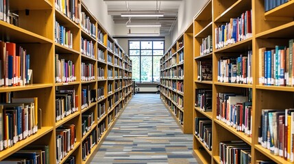 Obraz premium 2410 48.A well-lit library filled with books on tall wooden shelves. The neatly arranged books in various colors and sizes create a vibrant and organized display, perfect for conveying the importance