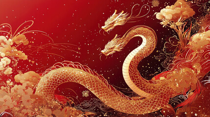 Fototapeta premium Snakes weaving through clouds, red lanterns, Chinese New Year