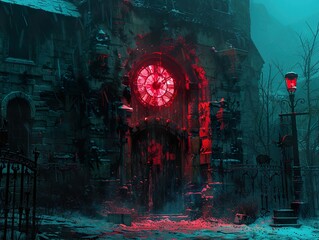 Obraz premium Eerie Clock Tower Ruins in a Snowy Night