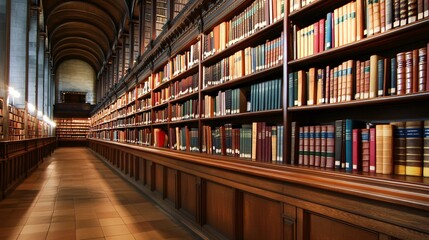 Fototapeta premium 2410 48.A well-lit library filled with books on tall wooden shelves. The neatly arranged books in various colors and sizes create a vibrant and organized display, perfect for conveying the importance