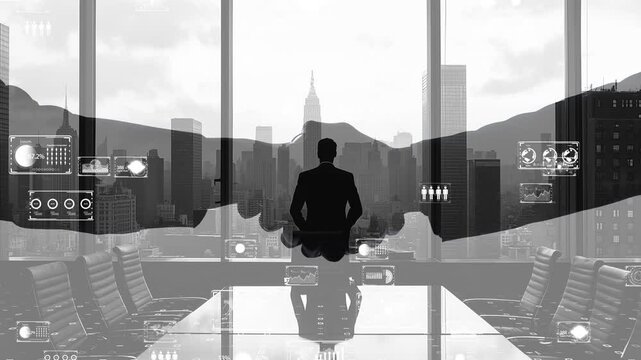 Business leader facing city skyline with digital holographic map