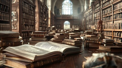 2410 59.An open textbook sits on a large wooden desk, surrounded by piles of literature and old texts. The aisle of bookshelves fades into the background, creating a scholarly ambiance for learning
