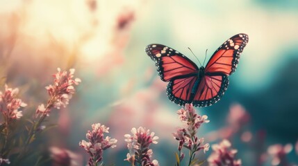Monarch butterfly perched on a pink flower in a field.