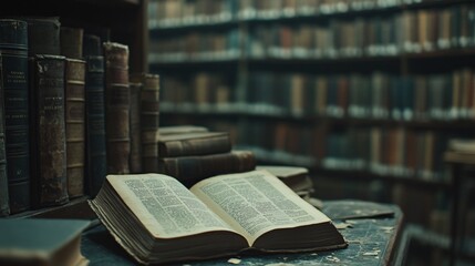 Obraz premium 2410 56.A close-up of an open, old textbook on a library desk, with stacks of well-worn literature in the background. The blurred aisle of bookshelves creates depth, drawing attention to the pile of