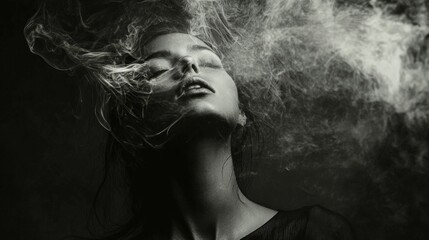 Dramatic black and white photo of a woman with smoke behind her.