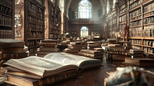 2410 59.An open textbook sits on a large wooden desk, surrounded by piles of literature and old texts. The aisle of bookshelves fades into the background, creating a scholarly ambiance for learning