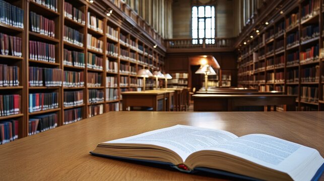 2410 59.An open textbook sits on a large wooden desk, surrounded by piles of literature and old texts. The aisle of bookshelves fades into the background, creating a scholarly ambiance for learning