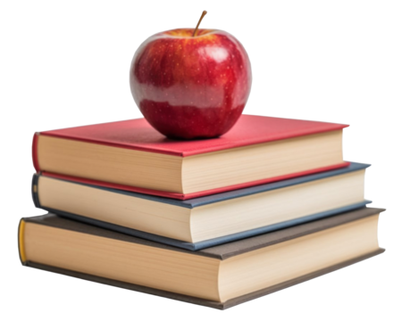 books with red apple on a transparent background.