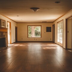A large, empty room with a fireplace and a window. The room is very spacious and has a lot of natural light coming in through the window