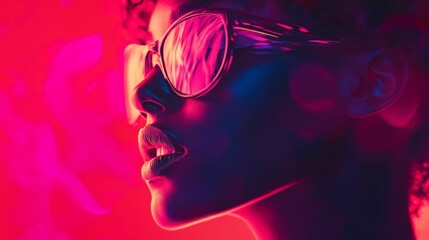 Closeup portrait of a woman wearing sunglasses with pink and purple lights reflecting in the lenses